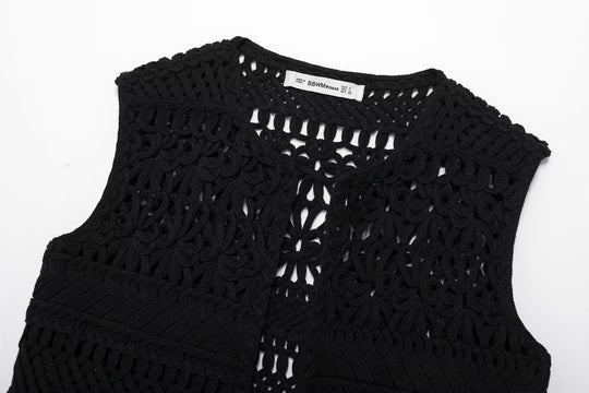 Women Clothing Autumn Black Hollowed Out Knitted Tassel Lace Short Vest Jacket