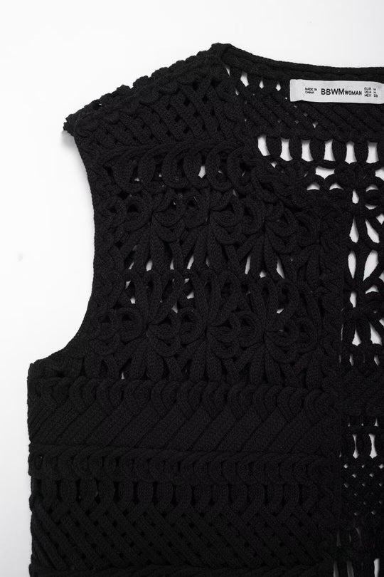 Women Clothing Autumn Black Hollowed Out Knitted Tassel Lace Short Vest Jacket