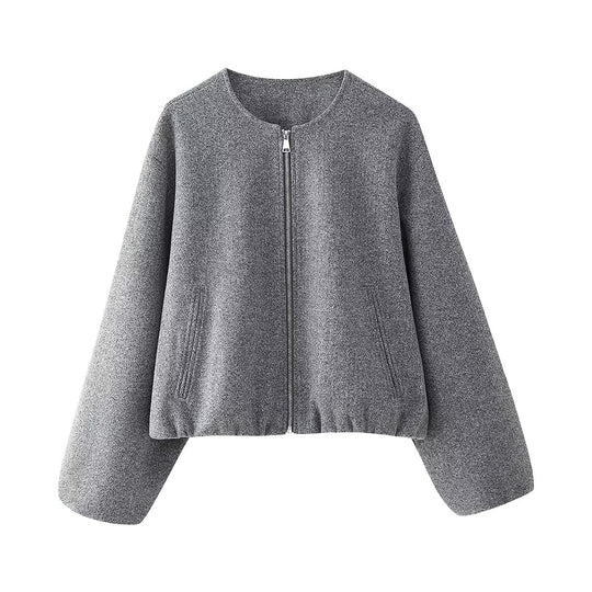 Women Autumn Woolen Jacket Coat Crew Neck Casual Street Soft