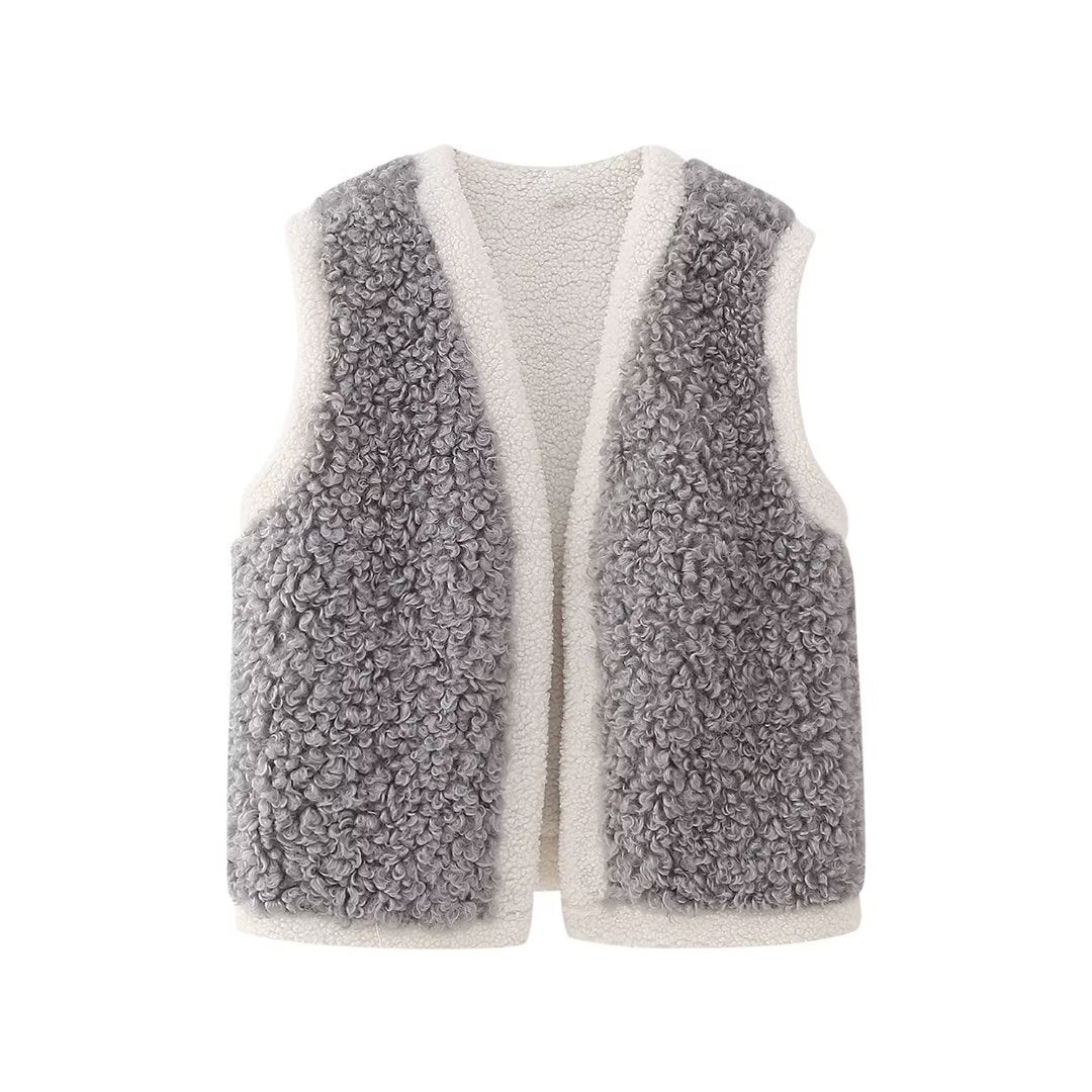 Fall Women Clothing Stylish Simple Casual Contrast Color Fleece Lined Vest Top