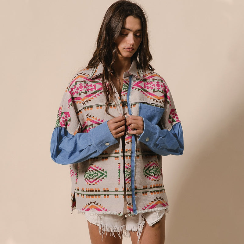 Women Clothing Denim Patchwork Wool Coat Aztec Retro Distressed Jacket Top