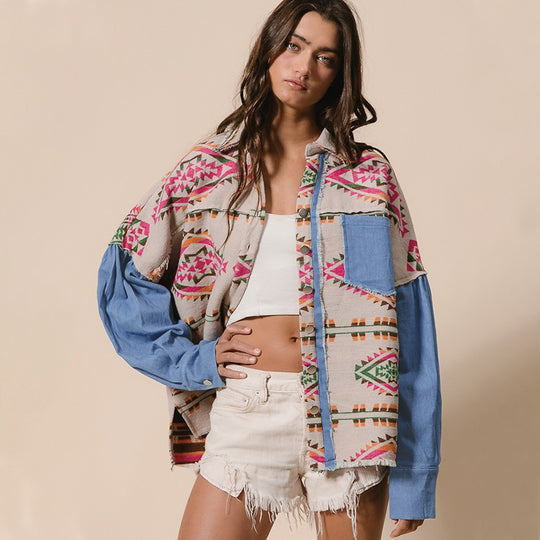 Women Clothing Denim Patchwork Wool Coat Aztec Retro Distressed Jacket Top