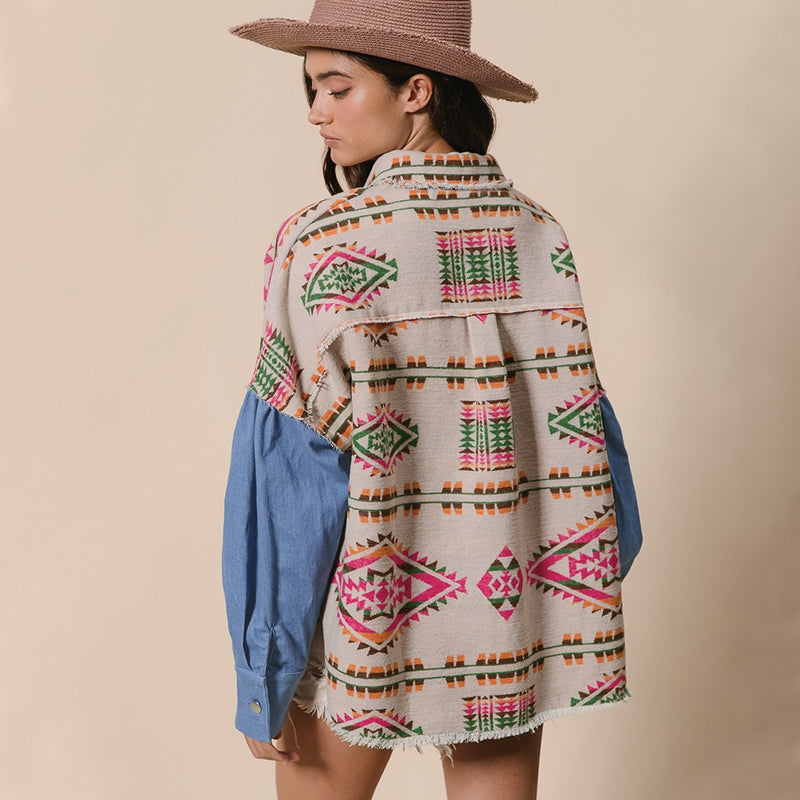 Women Clothing Denim Patchwork Wool Coat Aztec Retro Distressed Jacket Top