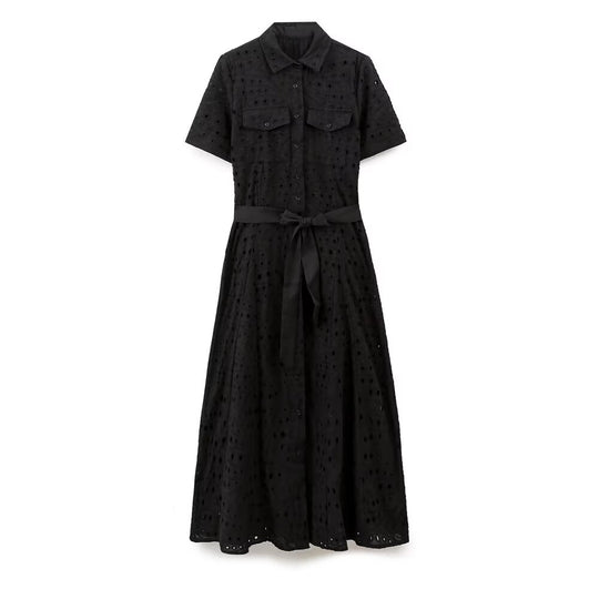 Women Hollow Out Cutout Design Embroidered Shirt Short Sleeve Long Dress