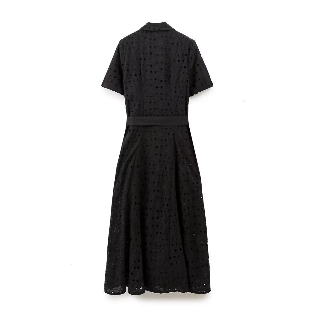 Women Hollow Out Cutout Design Embroidered Shirt Short Sleeve Long Dress