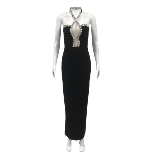 Exquisite Rhinestone Halter Slim Fit Bandage Split Dress Sexy Socialite Dinner Catwalk Dress