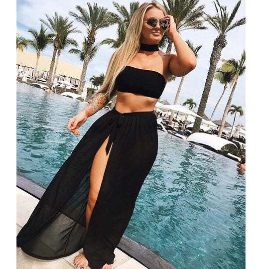 Spring Summer Wear Solid Color Long Bottom Strap Beach Dress Blouse Holiday Skirt