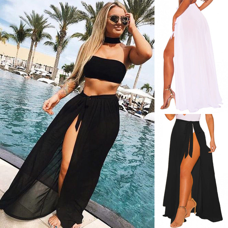 Spring Summer Wear Solid Color Long Bottom Strap Beach Dress Blouse Holiday Skirt