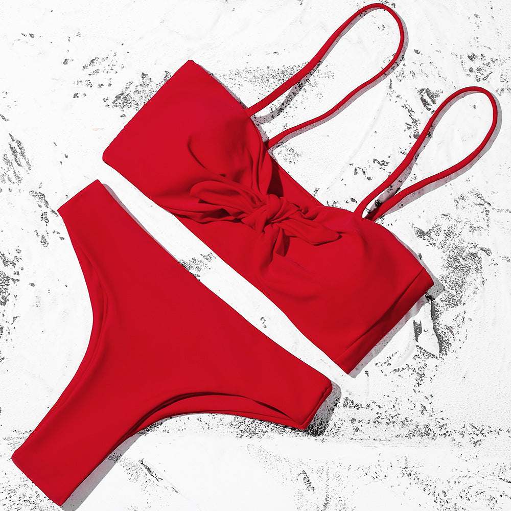 Solid Color Bikini Lace-up Bow Split Swimsuit Women Sexy Swimsuit