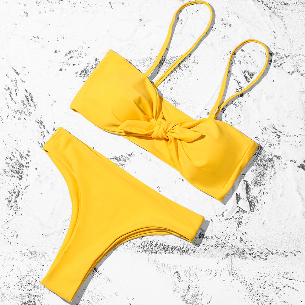 Solid Color Bikini Lace-up Bow Split Swimsuit Women Sexy Swimsuit