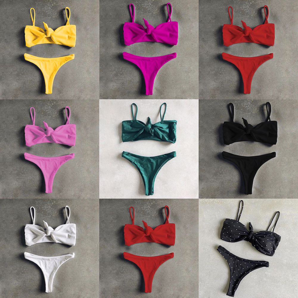 Solid Color Bikini Lace-up Bow Split Swimsuit Women Sexy Swimsuit