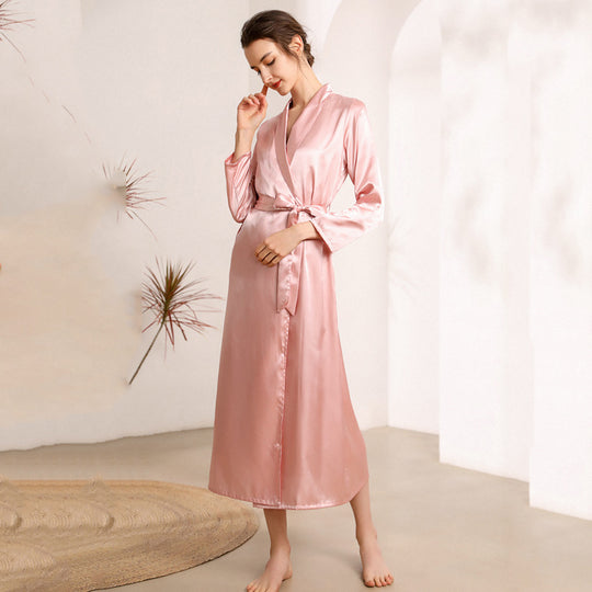 Imitated Silk Pajamas Women Collared Long Robe Women Sexy Pajamas Bathrobe Homewear