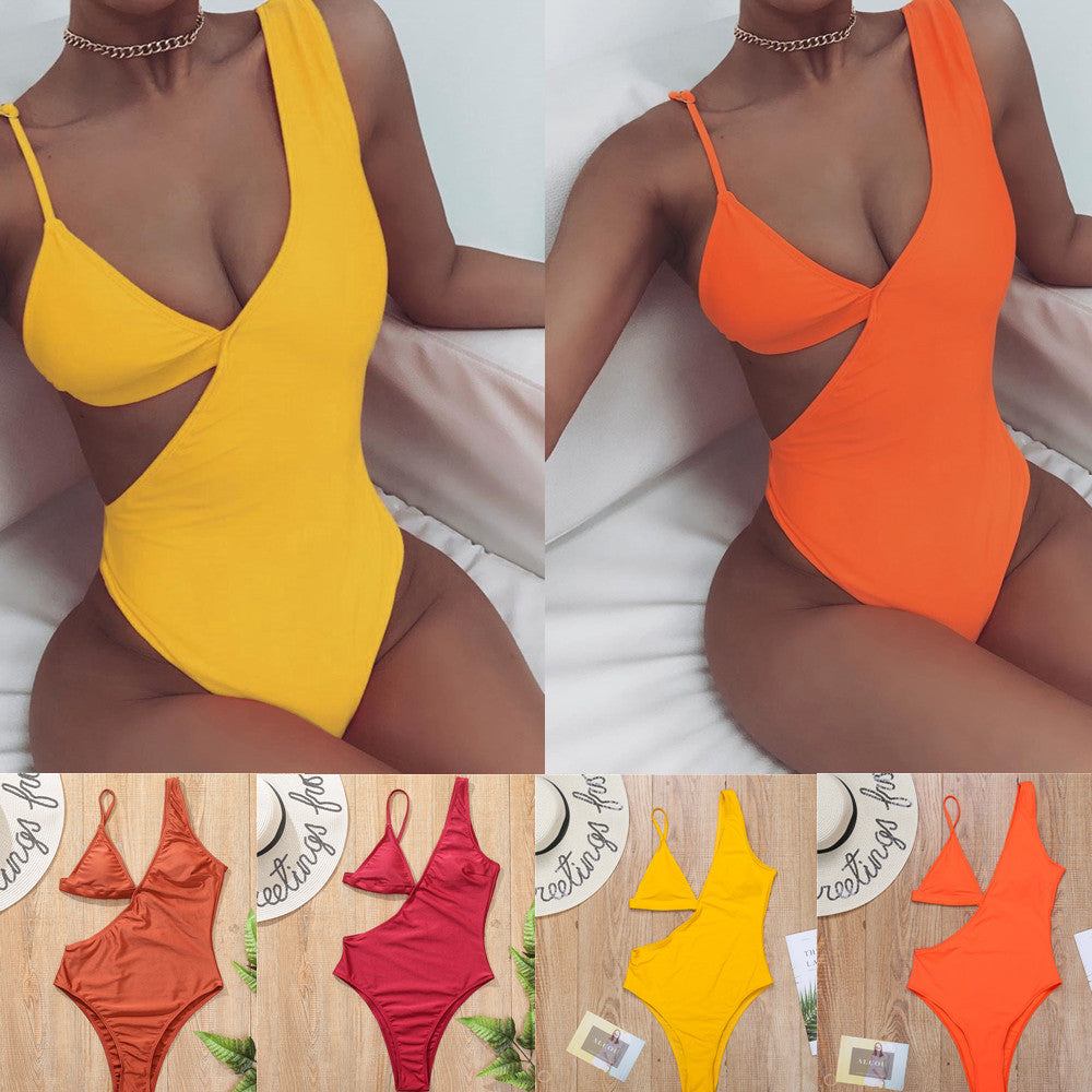 One-Piece Solid Color Triangle Cup Sexy Swimsuit Bikini Women Swimsuit