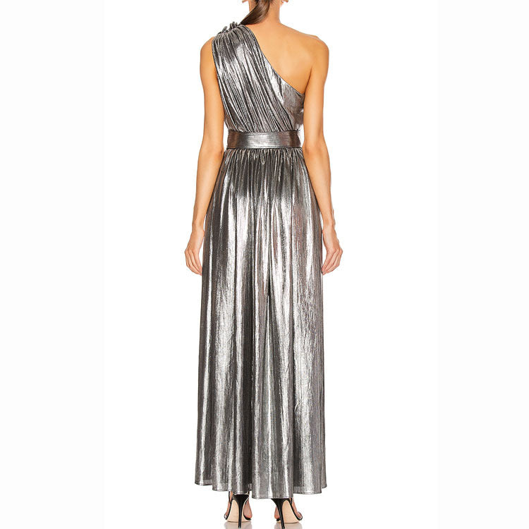 Metallic Coated Fabric New One-Shoulder Sexy Lacing Side Slit Mid-Length Formal Dress Dress