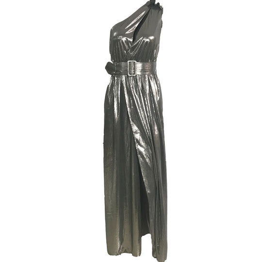 Metallic Coated Fabric New One-Shoulder Sexy Lacing Side Slit Mid-Length Formal Dress Dress