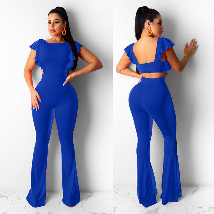 Women Clothing  Sexy Women Clothing Flying Sleeves Solid Color Wide Leg Flared Jumpsuit
