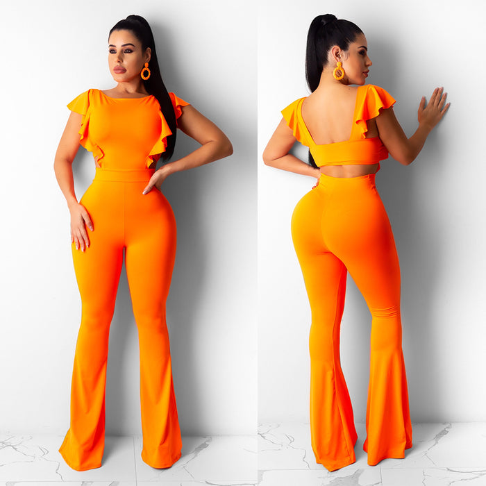 Women Clothing  Sexy Women Clothing Flying Sleeves Solid Color Wide Leg Flared Jumpsuit