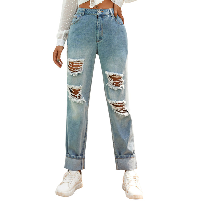 Women High Waist Jeans Ripped Trousers