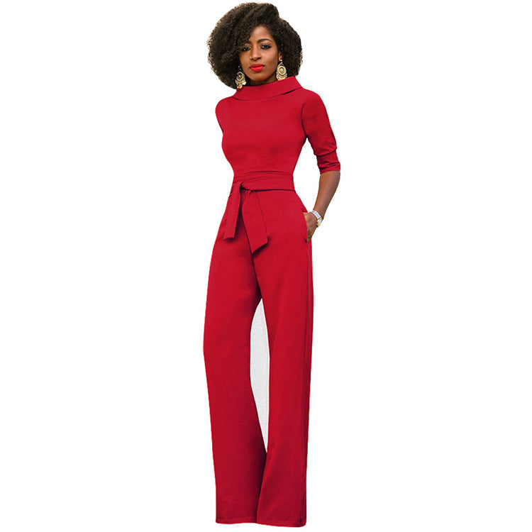 Fall Women Clothing Solid Color Polo Collar Five Quarter Sleeve High Waist Wide Leg Jumpsuit