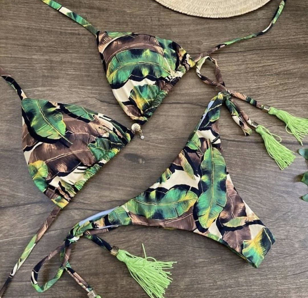 Bikini Strap Printing Sexy Bikini Exposed Back Split Swimsuit Women