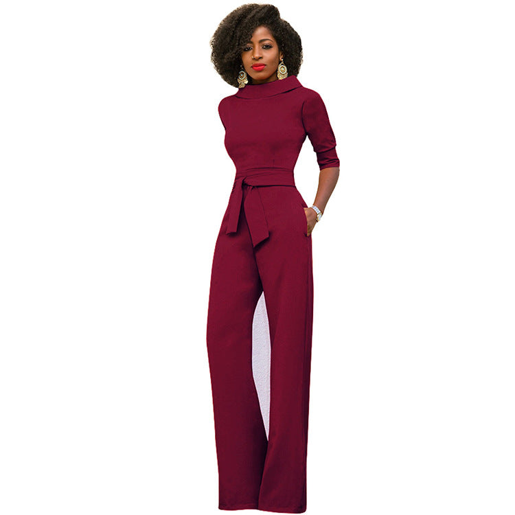 Fall Women Clothing Solid Color Polo Collar Five Quarter Sleeve High Waist Wide Leg Jumpsuit