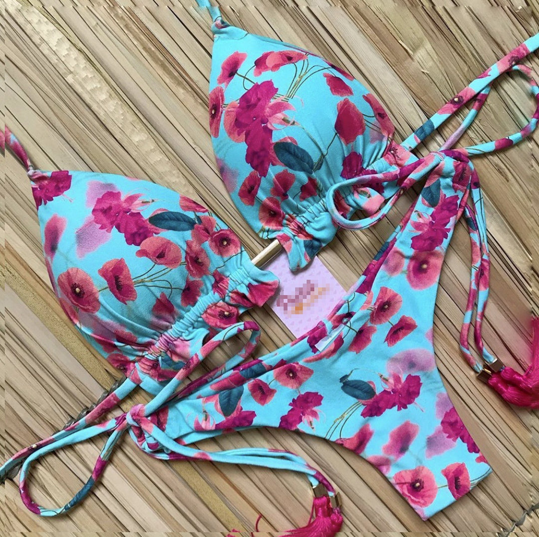 Bikini Strap Printing Sexy Bikini Exposed Back Split Swimsuit Women