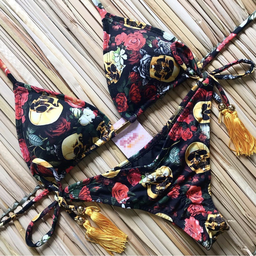 Bikini Strap Printing Sexy Bikini Exposed Back Split Swimsuit Women