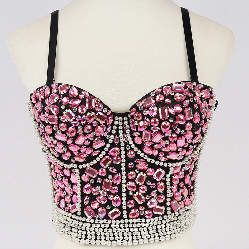 Heavy Industry Beads Vest Ball Sexy Sling Light Diamond Corset  Chest Support Body Shaping Top