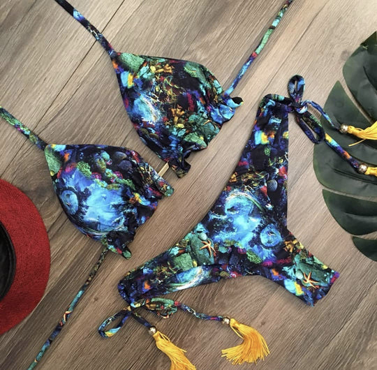 Bikini Strap Printing Sexy Bikini Exposed Back Split Swimsuit Women