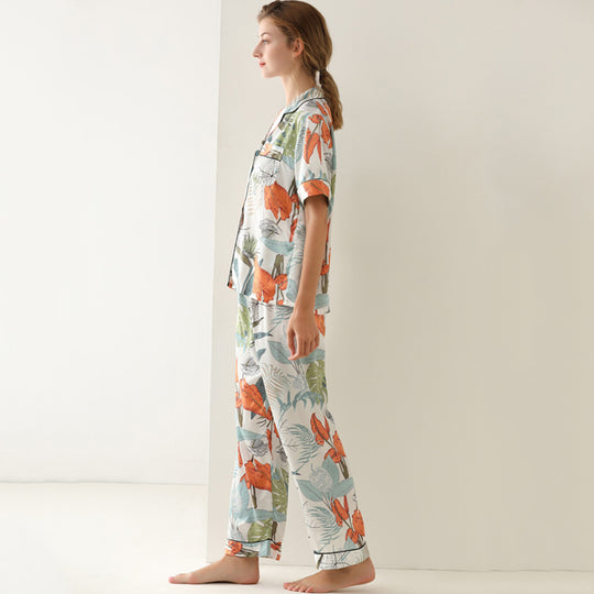 Pajamas Leaf Printed Summer Short Sleeve Imitated Silk Pajamas Lace-up Trousers Cardigan Loose Home Wear