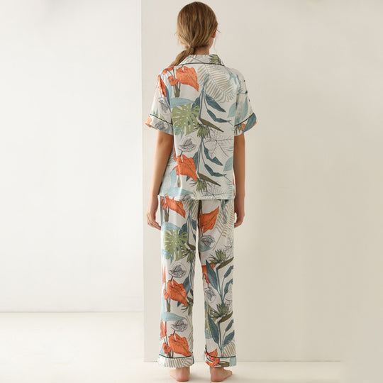 Pajamas Leaf Printed Summer Short Sleeve Imitated Silk Pajamas Lace-up Trousers Cardigan Loose Home Wear