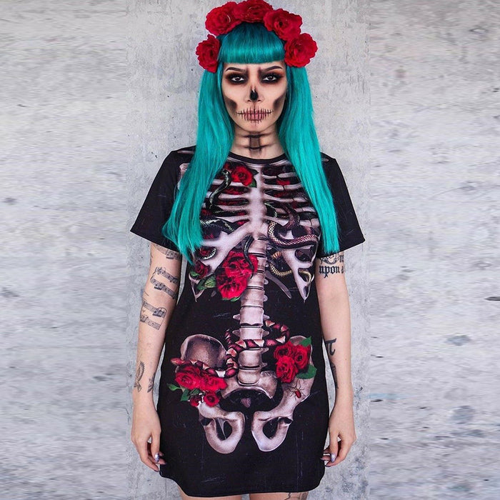 Halloween Costume Skull Spiritual Love Cospaly Performance Wear Printed Dress for Women