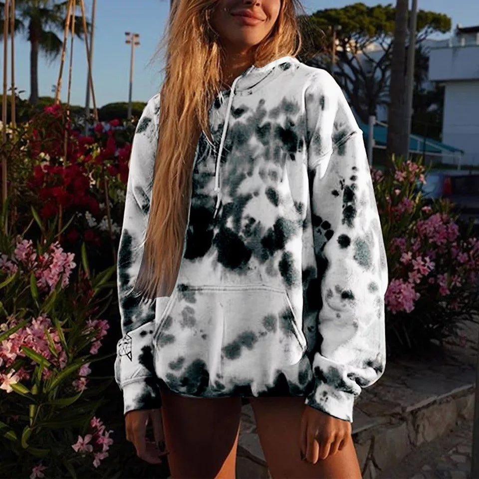 Street Women Clothing Loose Hooded Tie-Dyed Printed Casual Large Hoody Top