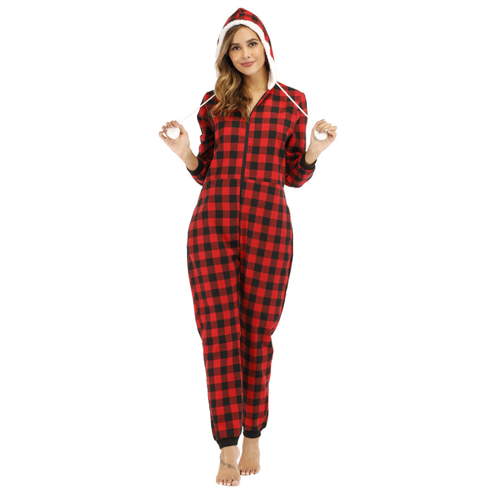 Popular Women  Cotton Plaid Hooded Jumpsuit Home Wear Pajamas