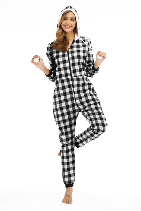 Popular Women  Cotton Plaid Hooded Jumpsuit Home Wear Pajamas