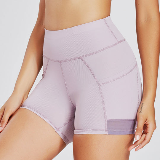 Rib Sunken Stripe Hip Raise High Waist Fitness Sports Pants Running Cycling Tight Pocket Shorts Yoga Pants