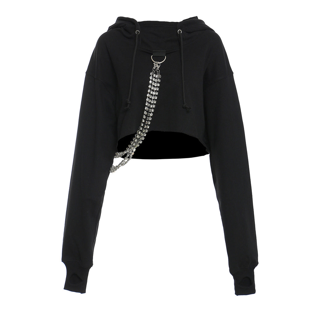 Trendy Personality Nail Rhinestone Chain Decoration Loose Long Sleeve Pullover Hooded Short Sweater for Women