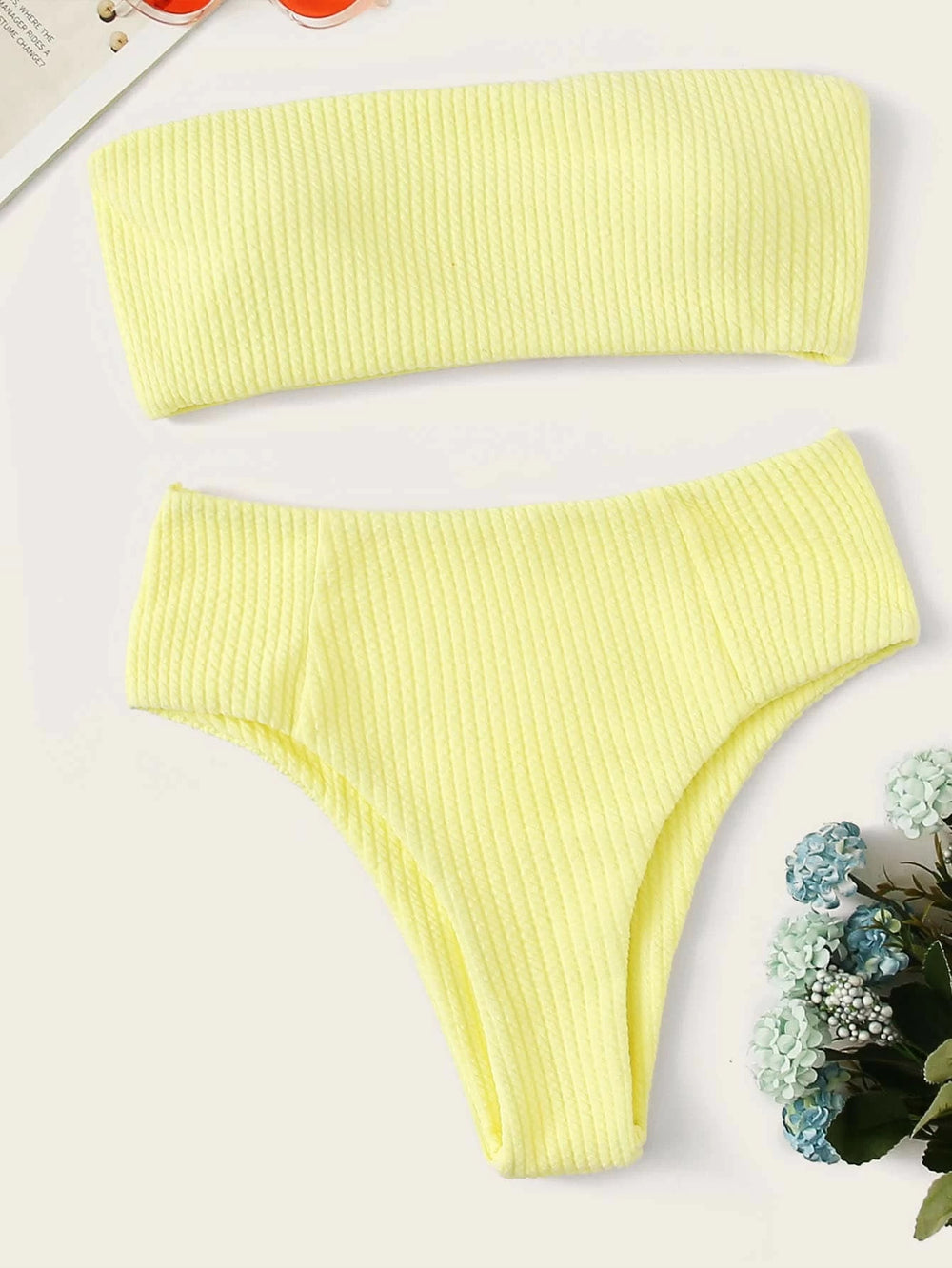 High Waist Split Bikini Solid Color Tube Top Multicolor Sexy Swimsuit Belt Chest Pad