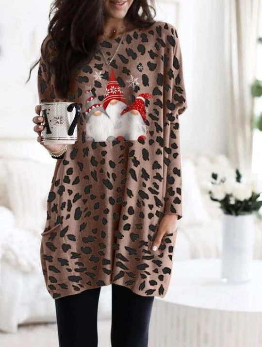 Autumn Winter Long Sleeve Pocket Leopard Print Christmas Print Dress