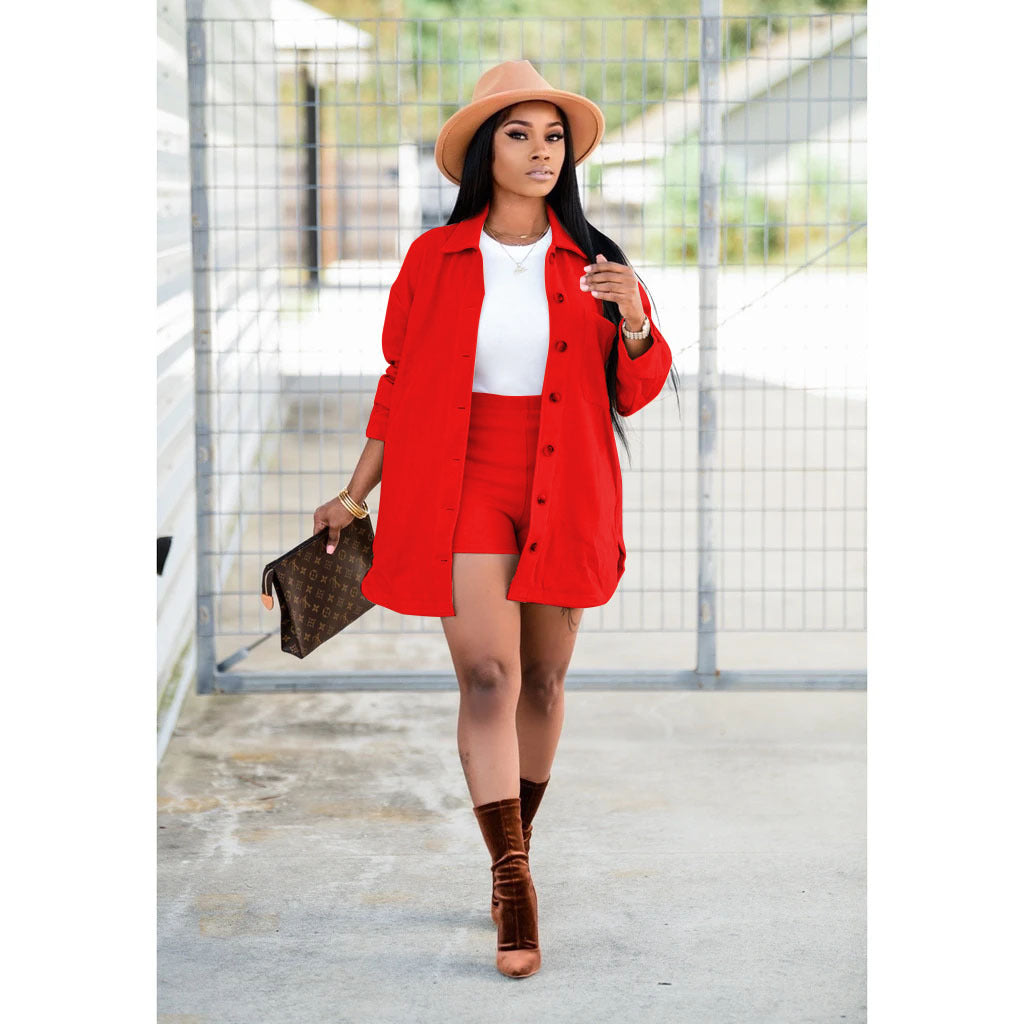 Women Clothing Casual Long Sleeve Shorts Collared Two Piece Set