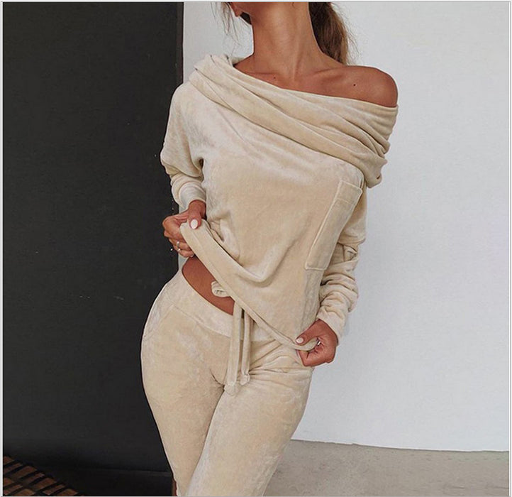 Solid Color Casual Set Off-shoulder Bow Slim Fit Homewear Suits Loungewear