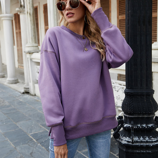 RWinter Women Clothing Slit Hemline Hem Fleece Round Neck Pullover Thickened Sweater Women