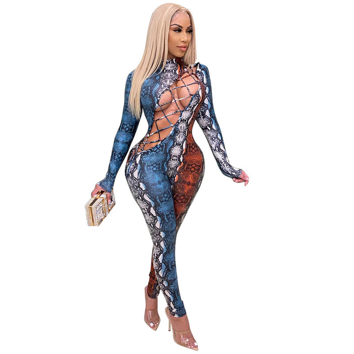 Women Clothing Snake Print Printed Sexy Hollow Out Cutout Out Strap Long Sleeve Jumpsuit