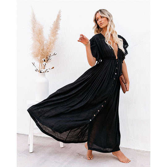 Spot Beach Cover-up Slubbed Fabric Button Draw Waist Strap Maxi Dress Sun Protection Shirt