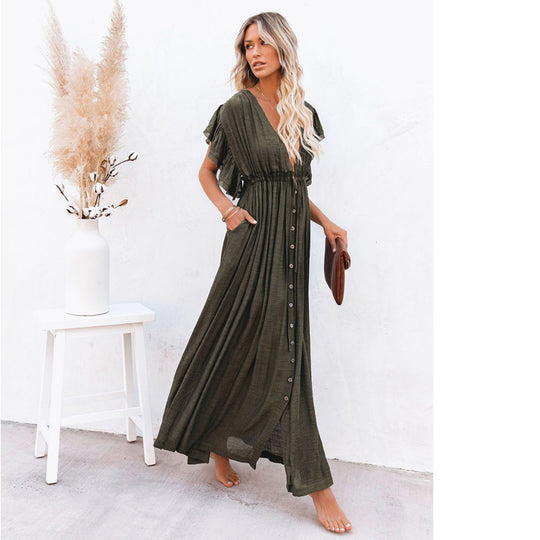 Spot Beach Cover-up Slubbed Fabric Button Draw Waist Strap Maxi Dress Sun Protection Shirt