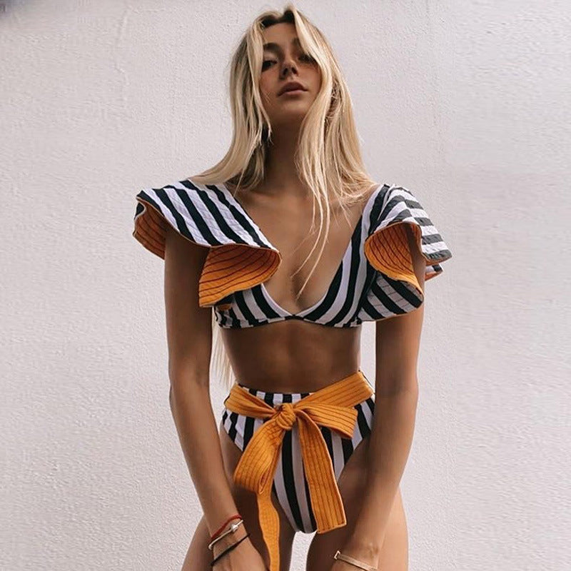 bikini Split Bikini Swimsuit Women Ruffled High Waist with Straps