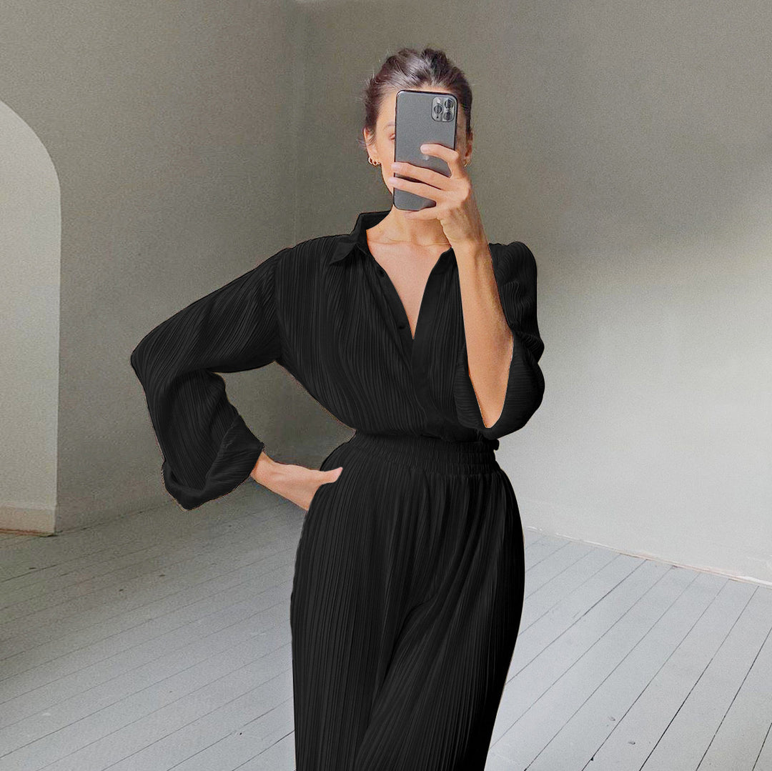 Long Sleeve Collared Pleated Shirt Women Wide Leg Mop Drape Pleated Trousers Suit Solid Color textured
