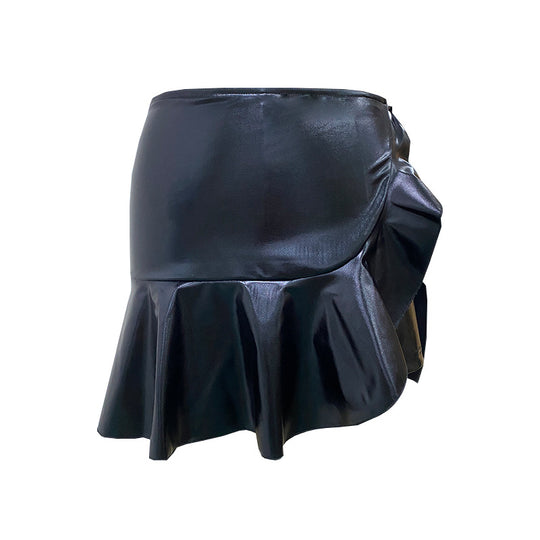 Women Clothing Faux Leather High Waist Pantskirt Spring Office Ruffled Faux Leather Culottes for Women