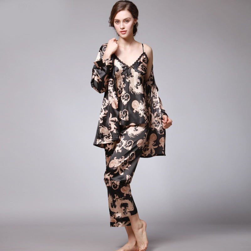 Silk Pajamas Women Spring Summer Dragon Robe Printed Silk Home Wear Three-Piece Suit satin pajamas satin sleepwear