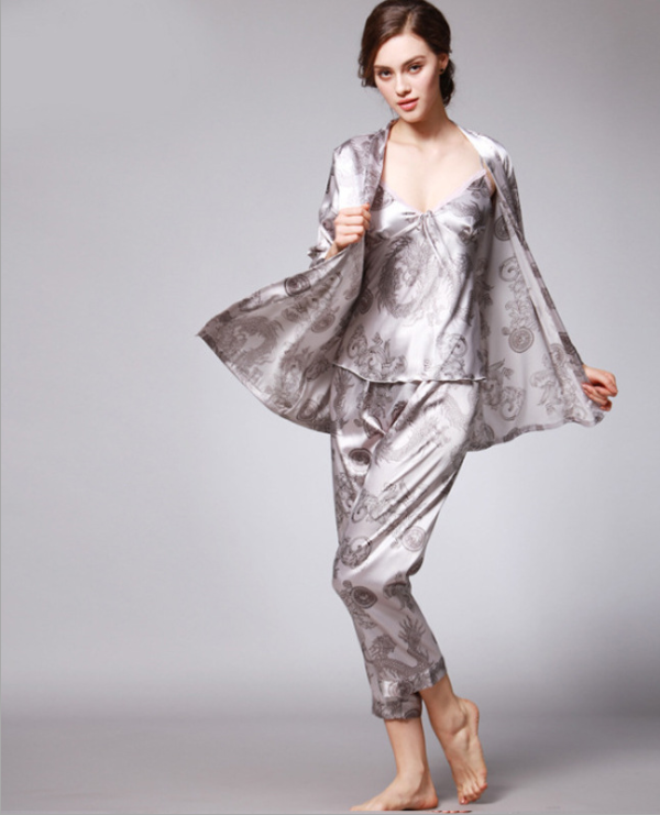 Silk Pajamas Women Spring Summer Dragon Robe Printed Silk Home Wear Three-Piece Suit satin pajamas satin sleepwear